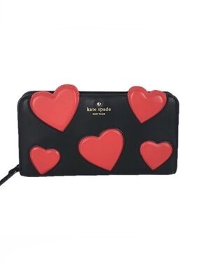 kate spade black wallet with red heart appliqués (zip-around)
